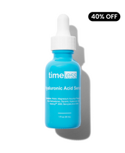 hyaluronic acid + vitamin c serum
to hydrate & brighten in 1oz bottle with 40% discount badge on a white background