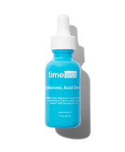 Timeless Hyaluronic Acid Serum in a blue dropper bottle on a white background.