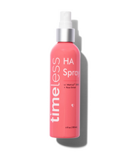 Timeless HA Spray with Matrixyl® 3000 and Rose Extract in a pink bottle on a white background.